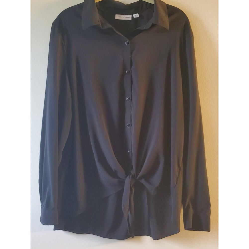 Susan Graver Womens Blouse Black Tie Waist Tunic Long Sleeve Size 14